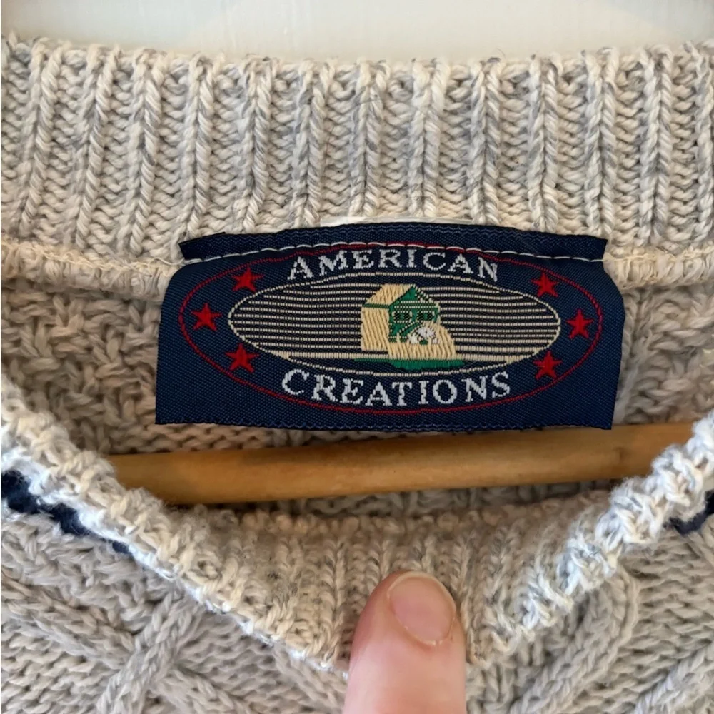 VINTAGE CABLEKNIT SWEATER Men's Vintage Crewneck in Grey with Navy Trim Size XL